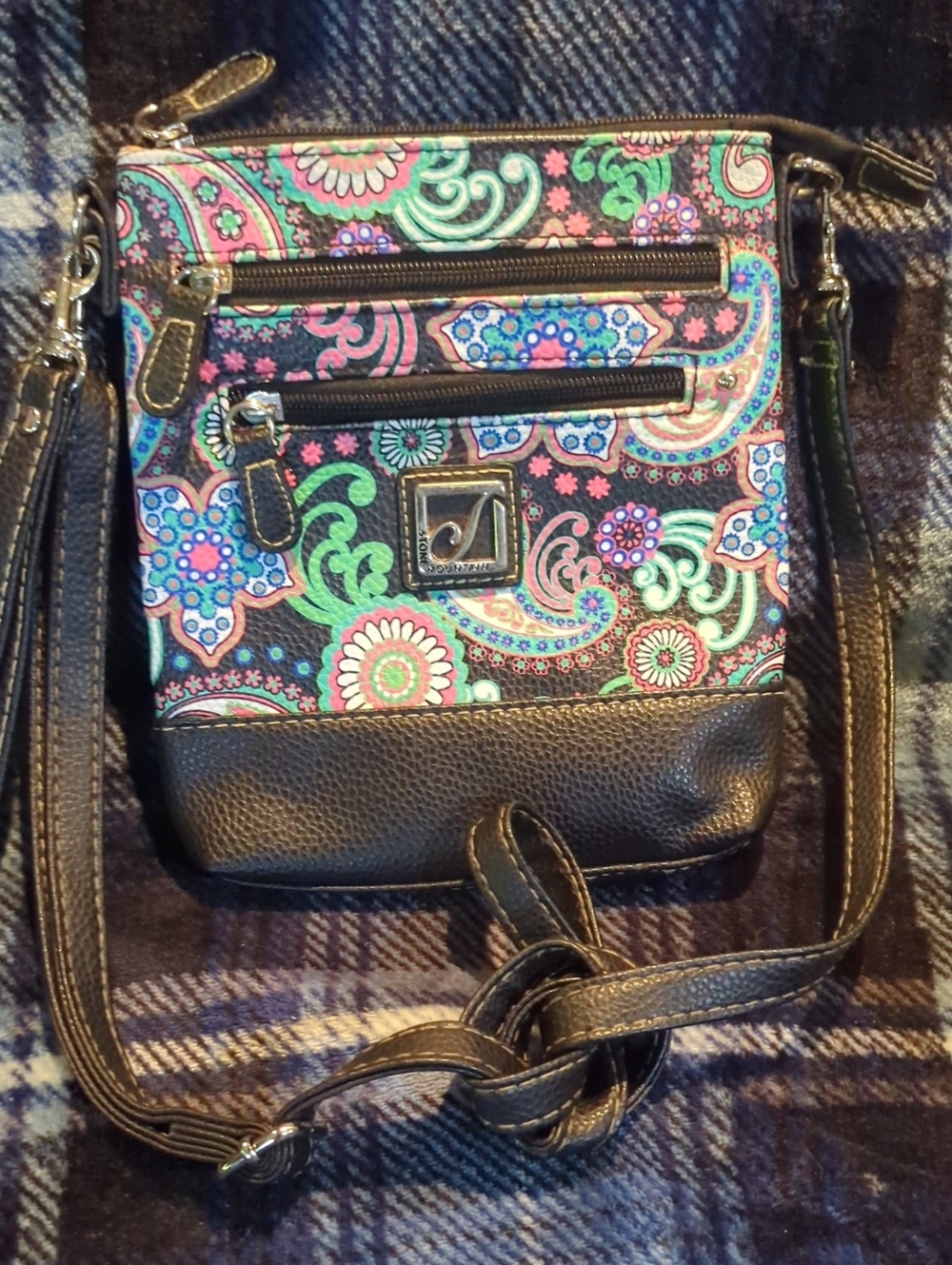 Stone Mountain Crossbody Floral Paisley Pattern Shoulder Bag with Black Trim